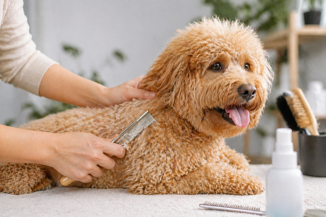 Démêlage du pelage d’un chien avec une brosse adaptée pour éviter les nœuds et protéger sa peau