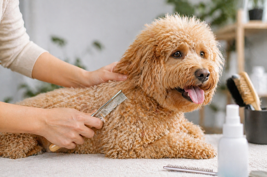 Démêlage du pelage d’un chien avec une brosse adaptée pour éviter les nœuds et protéger sa peau