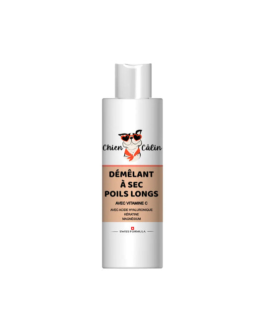 Démêlant à sec poils longs, conçu pour retirer les nœuds sans rinçage et rendre le pelage plus doux et brillant.