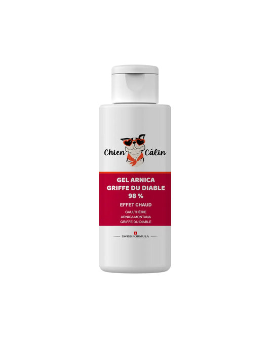 Gel Arnica et Griffe du Diable 98% effet chaud pour chien, conçu pour les massages locaux et le confort articulaire.