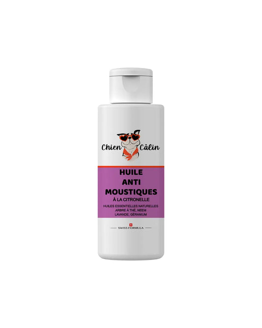 Huile anti-moustiques répulsif naturel pour chien, formulé avec huiles essentielles de citronnelle, géranium, arbre à thé et verveine.