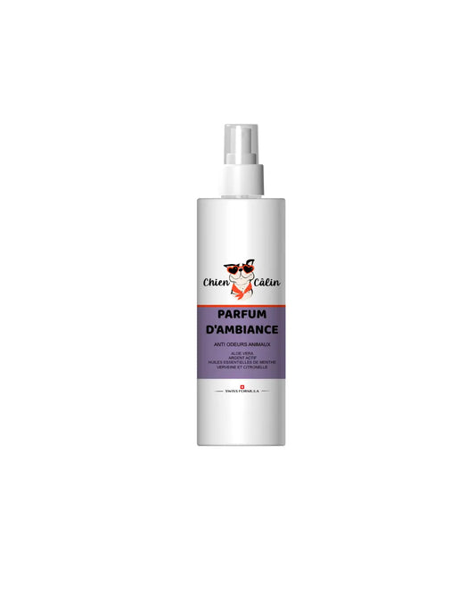 Parfum d’ambiance assainissant pour espaces canins, conçu pour désodoriser, parfumer et assainir les pièces où vit le chien.