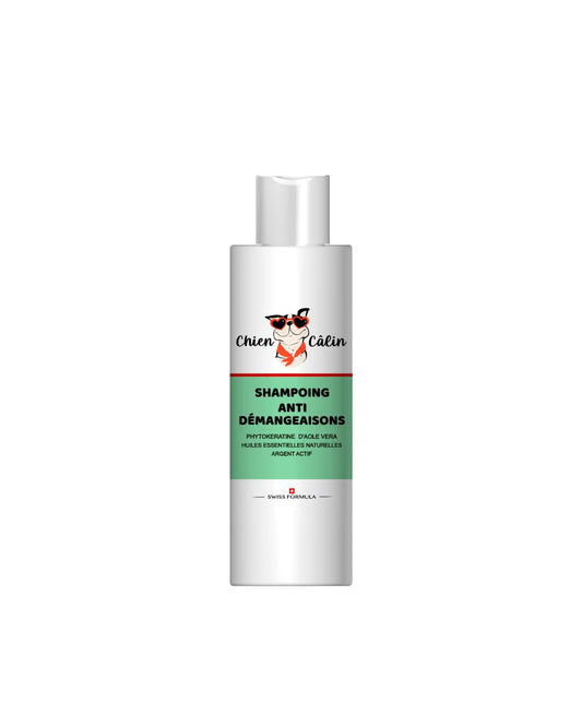 Shampoing anti-démangeaisons pour chien, conçu pour assainir le pelage, apaiser les démangeaisons et réguler le sébum.