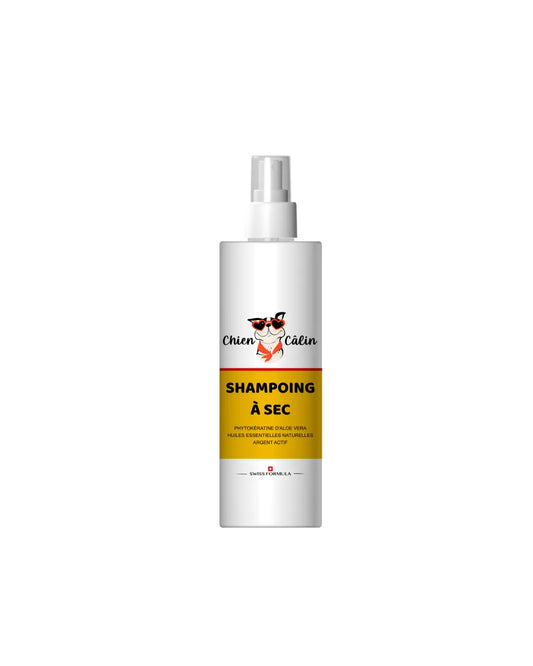 Shampoing lavage à sec sans rinçage pour chien, conçu pour nettoyer, désodoriser et démêler le pelage sans utiliser d’eau.